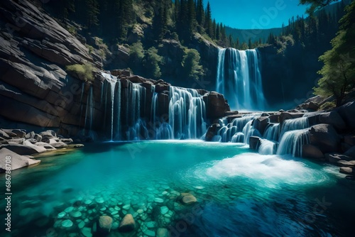 A remote waterfall hidden in a mountainous region, with crystal-clear water dropping into a deep blue pool.