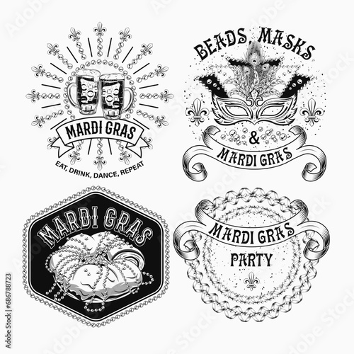 Carnival Mardi Gras labels with masquerade mask, holiday food, party streamers, beads, text. Vintage illustrations on white background. For prints, clothing, t shirt, holiday goods, stuff design