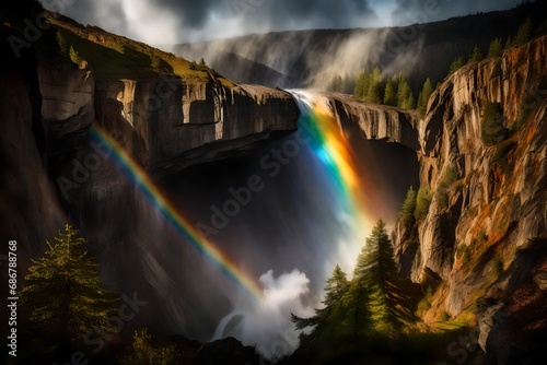 A powerful waterfall roaring down a steep cliff  creating a misty veil and a rainbow in the sunlight.