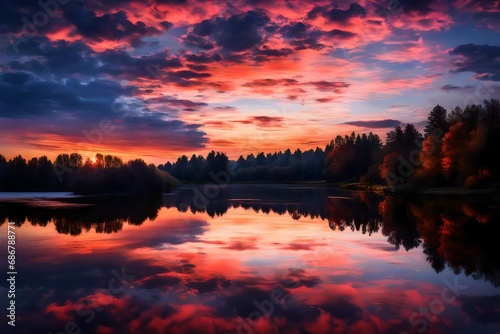 Twilight over a calm river, with the water reflecting the colors of a vibrant sunset sky.