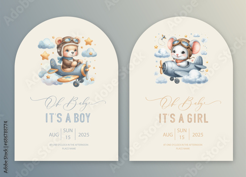 Cute baby shower watercolor arch invitation card with bear and rabbit pilot on an airplane. Hello baby calligraphy.