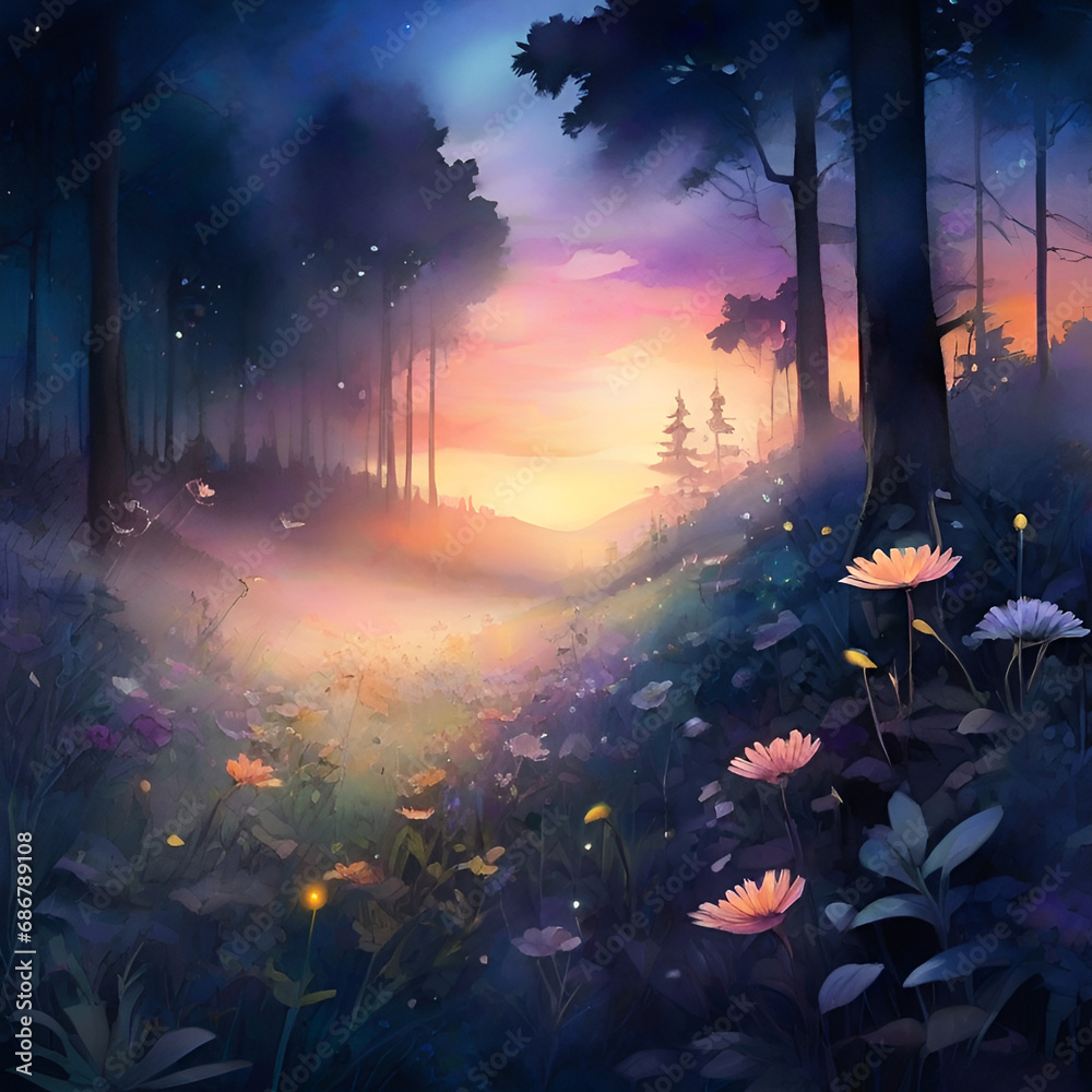 Obraz premium Forest landscape watercolor, generative ai