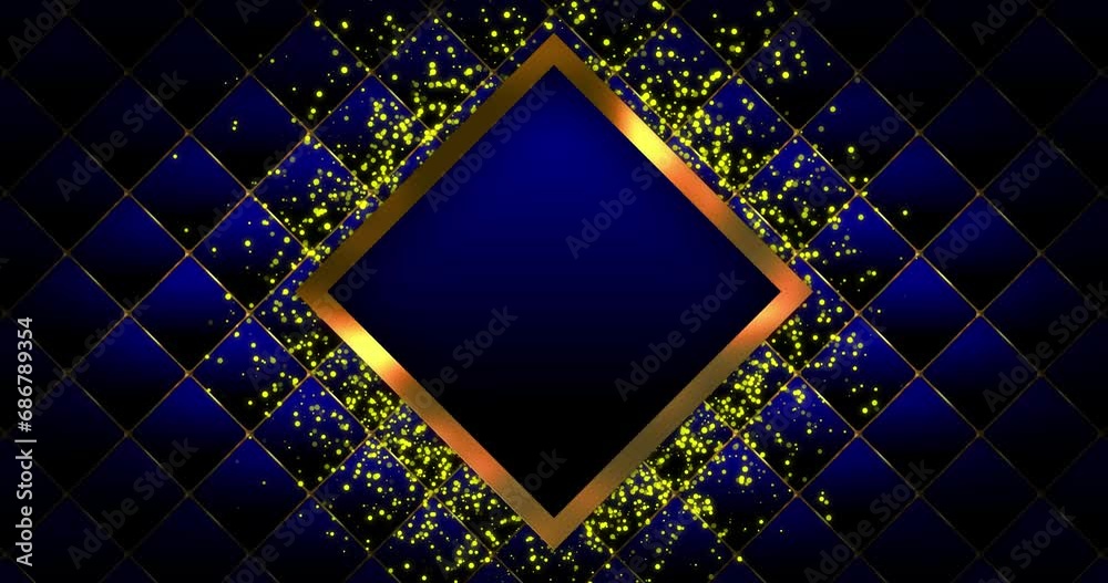 Abstract sky blue gradient color Luxurious background with bright golden square ring over dark color square shape over floating glowing golden dust particle over square grid pattern.