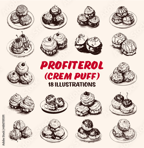 Collection of drawn Profiterols. Sketch illustration	