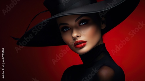 young beautiful elegant lady with red seductive lips and in vintage black hat, studio shot