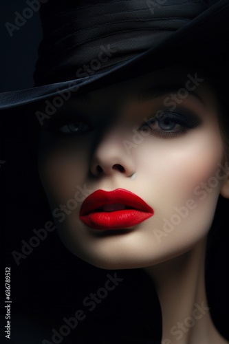 young beautiful elegant lady with red seductive lips and in vintage black hat, studio shot © goami