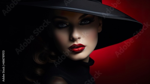 young beautiful elegant lady with red seductive lips and in vintage black hat, studio shot