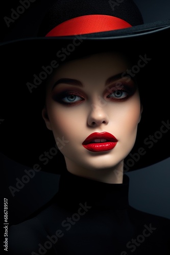 young beautiful elegant lady with red seductive lips and in vintage black hat, studio shot