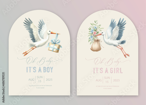 Cute baby shower watercolor invitation card with stork and bundle. Hello baby calligraphy.