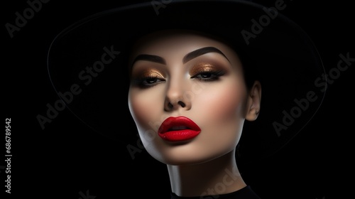 young beautiful elegant lady with red seductive lips and in vintage black hat, studio shot © goami