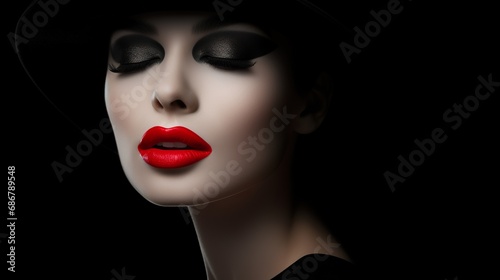 young beautiful elegant lady with red seductive lips and in vintage black hat  studio shot