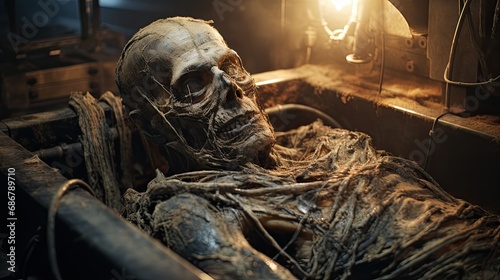 Old fictional photograph of a robotic-looking mummy. Generative AI