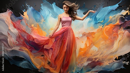 Abstract and colorful background of dancing woman. Generative AI