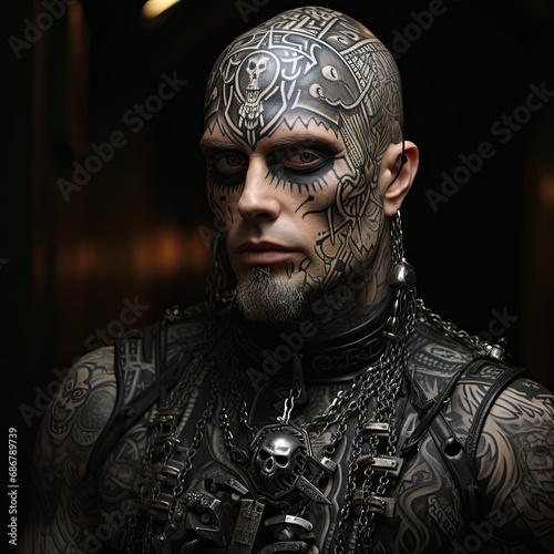 Portrait of young gothic man with tattoos. Generative AI