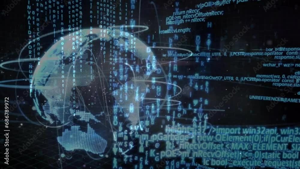 Animation of globe, connections and data processing over dark background Animation of globe, connections and data processing over dark background