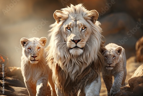 Three white lionesses walking. Generative AI