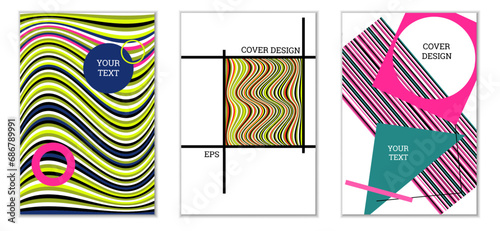 Geometric cover design, set of 3 covers. Abstract unusual background in Memphis style. Bright geometric shapes in random order