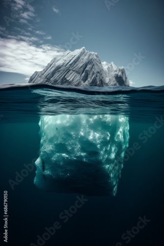 Big Iceberg significant part submerged underwater as unseen efforts for success. Hidden struggles hard work contribute to visible achievements, depth of dedication perseverance behind surface concept. © Ilia