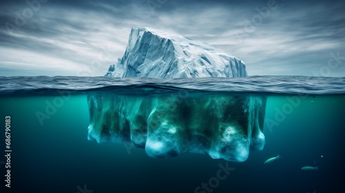 Big Iceberg significant part submerged underwater as unseen efforts for success. Hidden struggles hard work contribute to visible achievements, depth of dedication perseverance behind surface concept. photo
