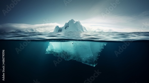 Big Iceberg significant part submerged underwater as unseen efforts for success. Hidden struggles hard work contribute to visible achievements, depth of dedication perseverance behind surface concept. photo