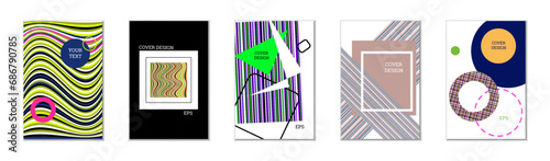 Geometric cover design, set of 5 covers. Abstract unusual background in Memphis style. Bright geometric shapes in random order