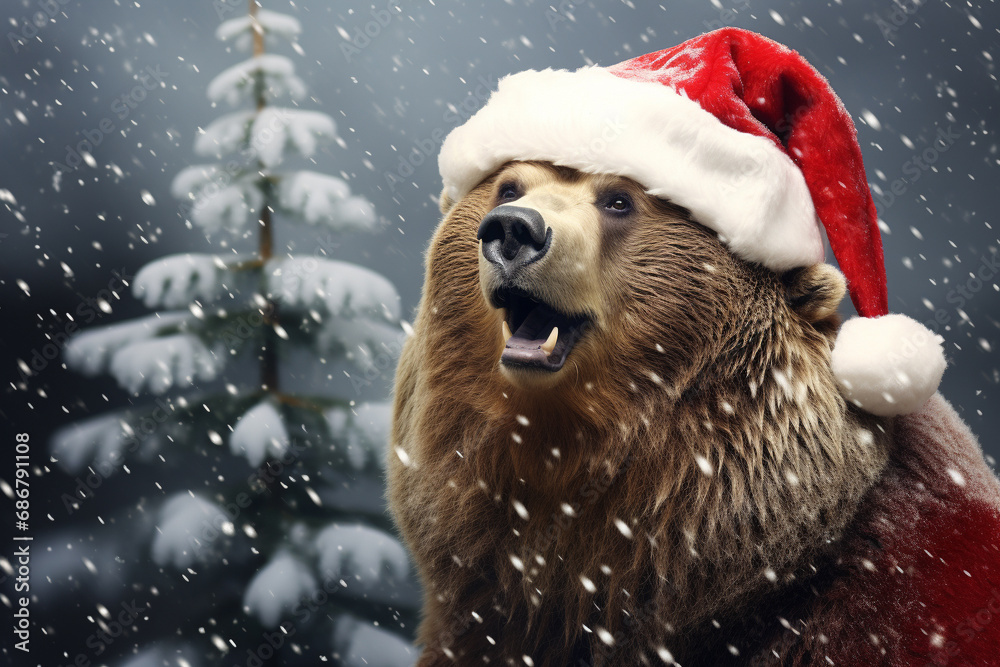 Experience winter with a delightful scene of a bear wearing a Santa hat while snowing. Ai generated Experience winter with a delightful scene of a bear wearing a Santa hat while snowing. Ai generated