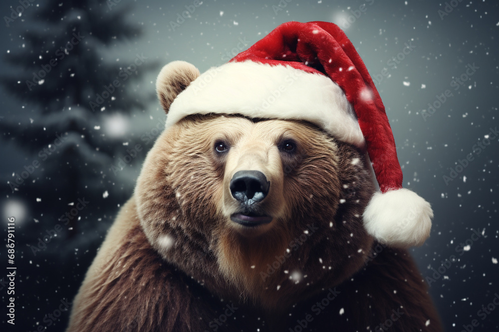 Experience winter with a delightful scene of a bear wearing a Santa hat while snowing. Ai generated