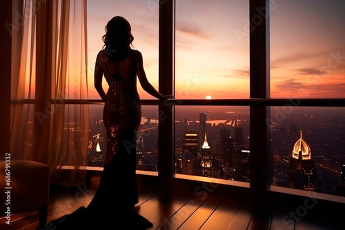 A rich elegant woman in a dress looks at the sunset over the skyscrapers while standing on the balcony of her penthouse. © serperm73