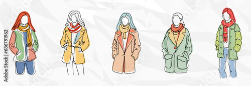 Lebendige Vielfalt: Frauen Lineart Vektorgrafik Bundle mit bunten Winterjacken
