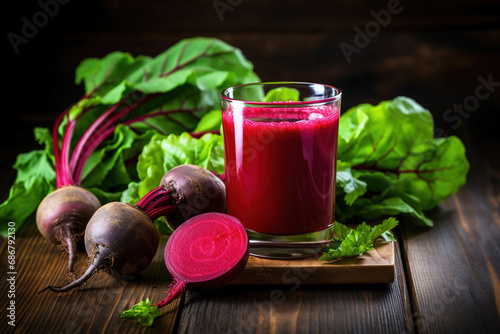 Red beet juice in a glass on a wooden background