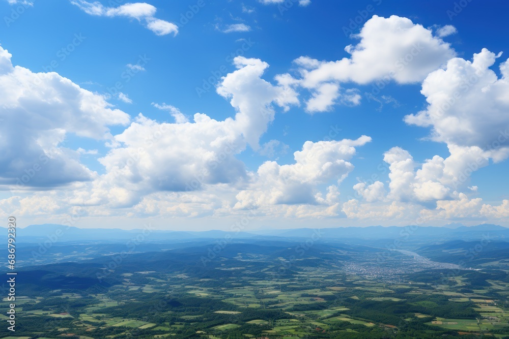 Cloudscape. Aerial view. Clouds. Blue sky background with tiny clouds. View from airplane window. Copy space. Beautiful aerial view above clouds on a sunny day. 3d illustration. 