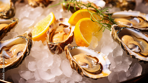 Food photo of oysters with lemon on ice in close-up, with glasses of sparkling champagne in the background
