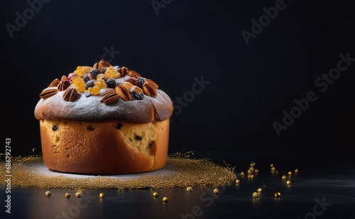 Traditional Christmas Panettone cake with dried fruits on a dark background.Generative AI