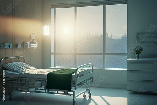 a bed in a hospital room, which has a large window with a view of a forest. The room is lit by sunlight coming through the window, ai generative