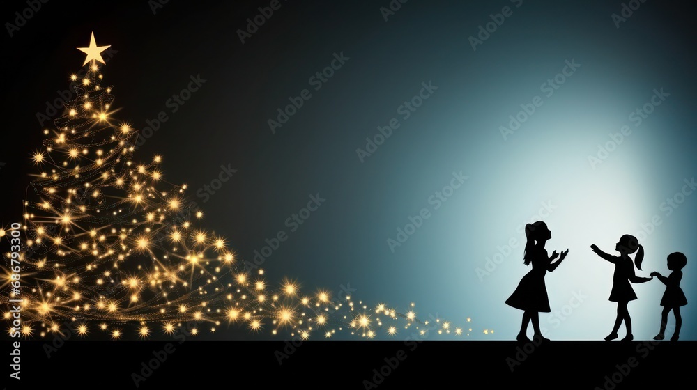 Illustration of silhouettes of three happy girls next to a big Christmas tree before the upcoming holidays
