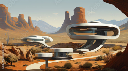 Retro futuristic architecture in sci-fi scene on the desert planet. Alien landscape with nostalgic retro future constructions photo