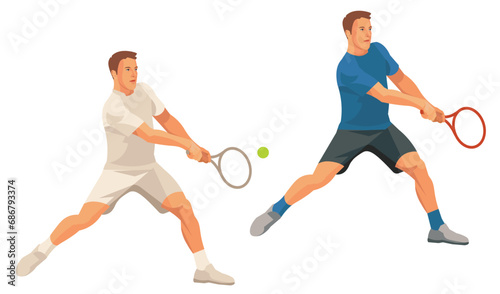 Two figures of a tennis player who hits the ball with a racket, holding it with two hands at backhand