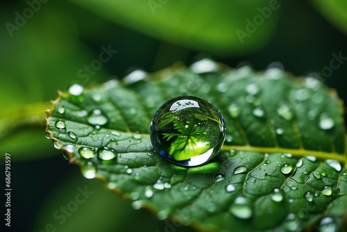 create macro photo of water drop on leaf with an astonishing level of detail