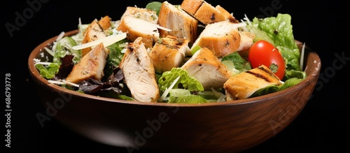 Grilled chicken with fresh greens and croutons Copy space image Place for adding text or design