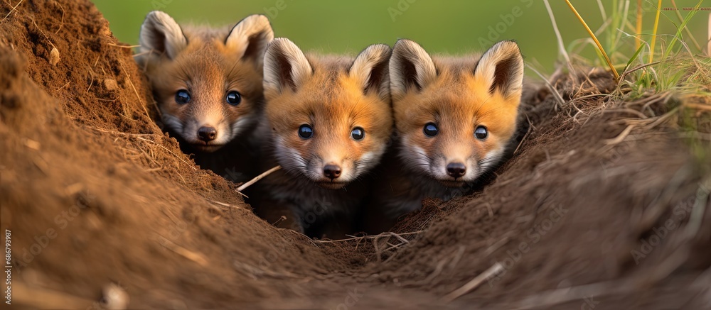 Red fox cubs curiously exploring the countryside without their mother gazing at the camera Copy space image Place for adding text or design Red fox cubs curiously exploring the countryside without their mother gazing at the camera Copy space image Place for adding text or design