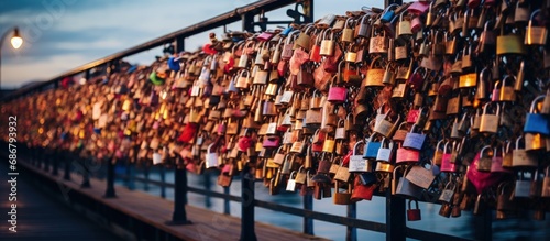 Ideal for Valentine s Day and romantic designs this photo portrays numerous love locks symbolizing eternal love on a bridge Copy space image Place for adding text or design