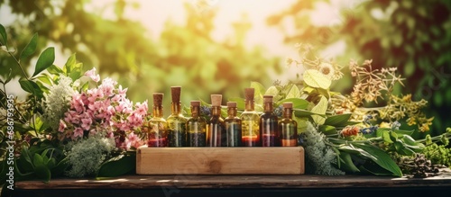 Herbal medicine displayed outdoors with tincture bottles healing herbs and wooden box of herbs Copy space image Place for adding text or design photo