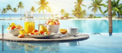 Luxury tropical resort offers floating breakfast in calm pool water and tropical couple beach luxury lifestyle Copy space image Place for adding text or design