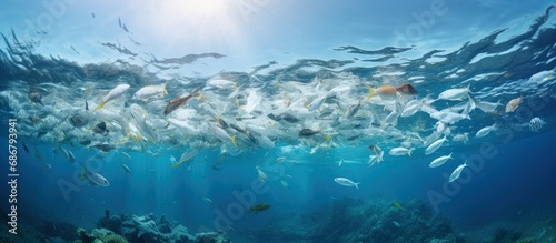 Plastic pollution in the ocean caused by single use plastic and fish in a shallow reef Copy space image Place for adding text or design © HN Works