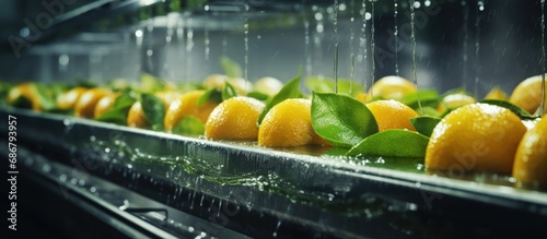 Fotografija Modern production lines wash and clean citrus fruits Copy space image Place for
