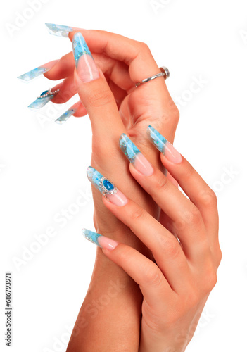Closeup shot of beautiful female hands with manicured nails, isolated