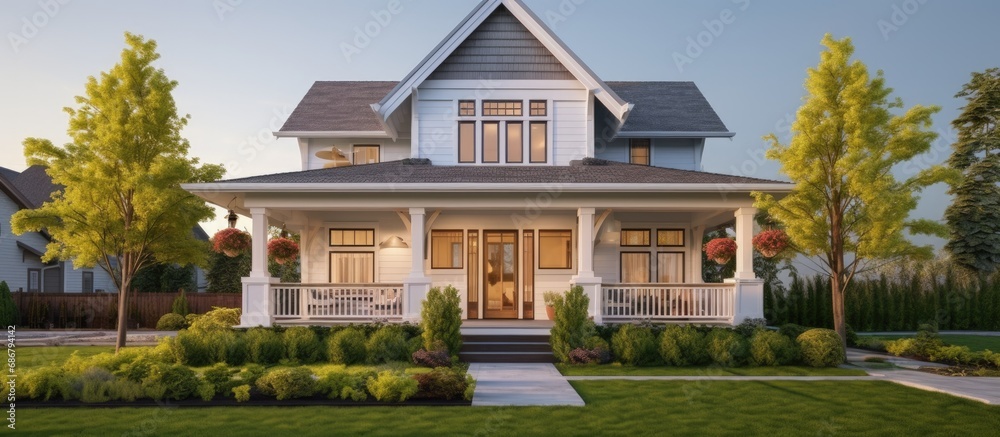 New luxury home with large porch and well manicured garden Copy space image Place for adding text or design - obrazy, fototapety, plakaty 