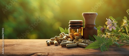 Herbal remedies in various forms for health and wellness Copy space image Place for adding text or design