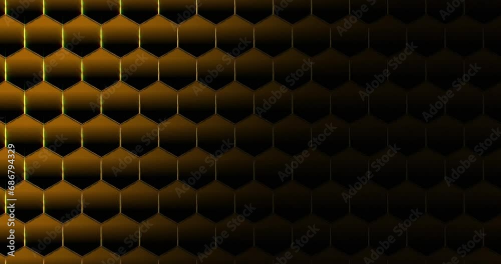 Abstract luxury honeycomb grid of orange color in seamless loop pattern moving from right to left partially covered with dark shadow. Hexagon with golden frame pattern, award and luxury background.