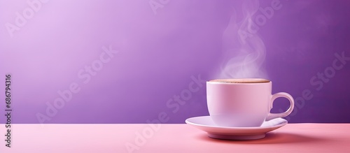 purple background with coffee cup Copy space image Place for adding text or design